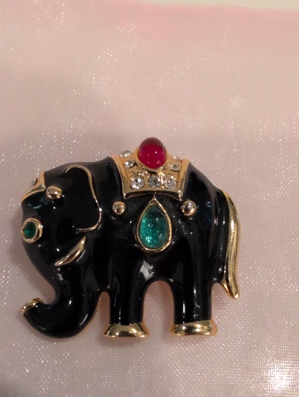 Black Enamel Elephant Brooch with Gem Accents